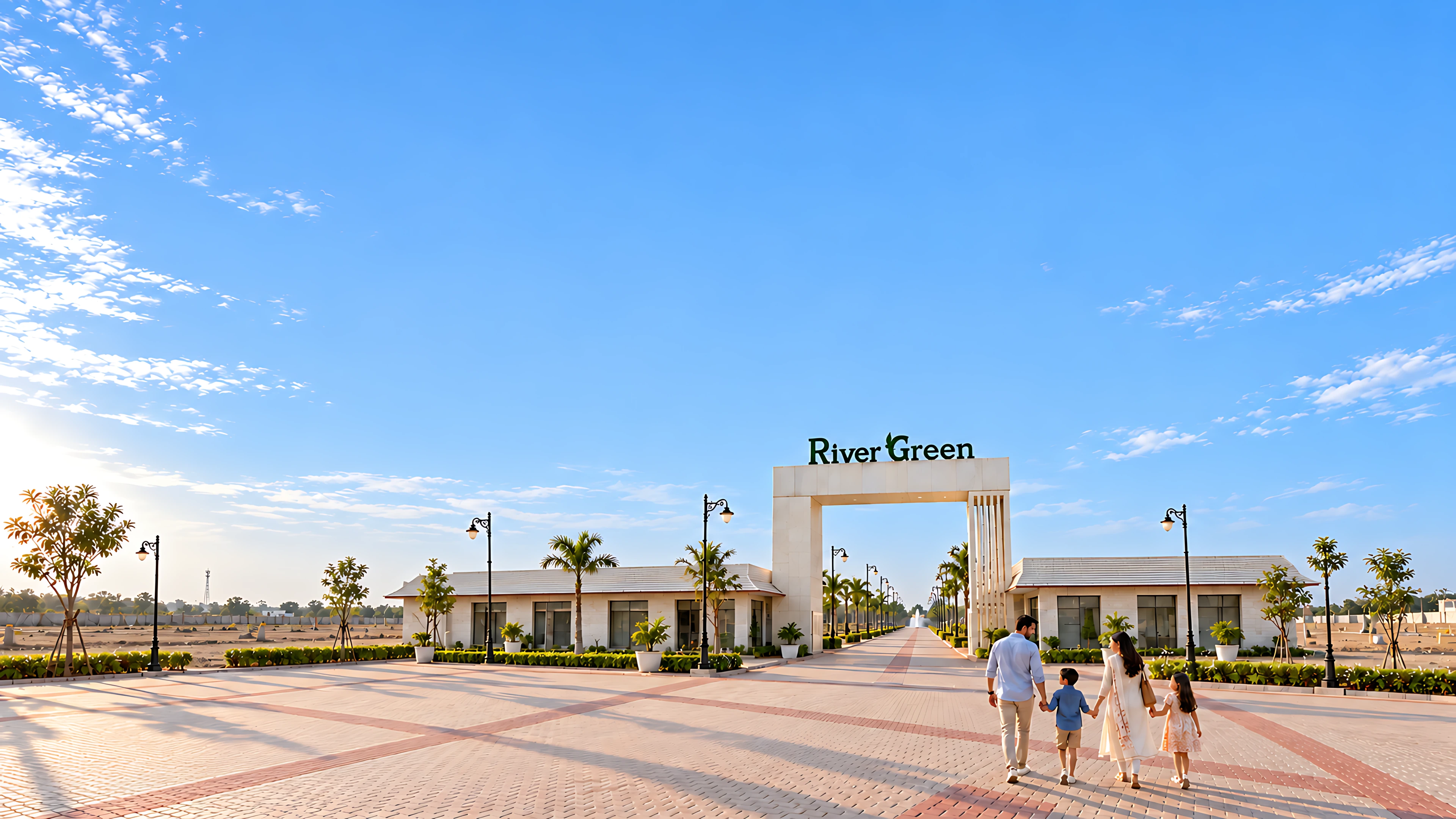 The River Green entrance beneath a wide blue sky, with a family walking toward the landscaped avenue and fountain. Architectural visualisation.