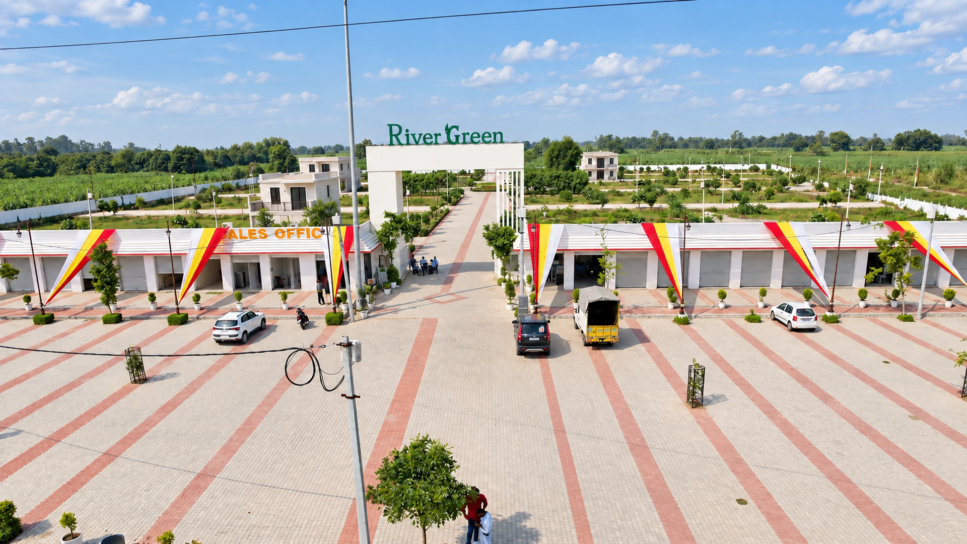 AI visualisation of the River Green entrance and completed houses beyond the gate
